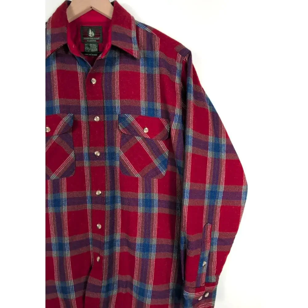 High Sierra Wool Plaid Shacket Men’s Med Red Blue Quilted Hunting Jacket Vintage - Picture 3 of 16